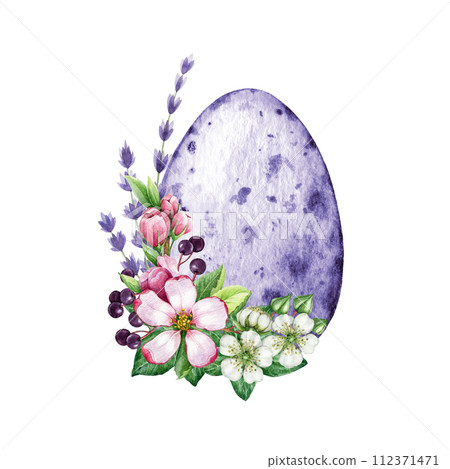 Easter painted egg with spring flower decor. Watercolor illustration. Hand drawn festive traditional colored egg decoration with apple flowers, lavender. Easter tender decor element. White background 112371471