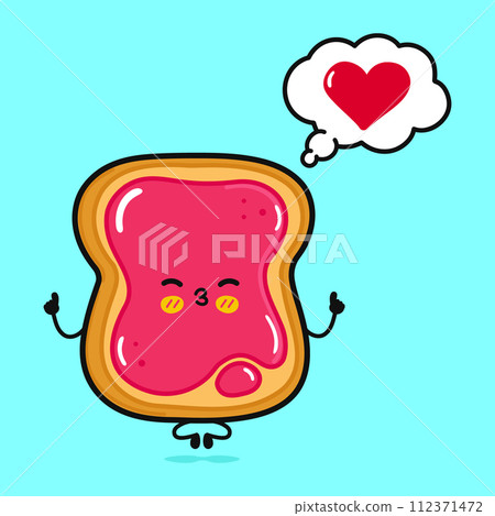 Toast piece of bread with jam doing yoga with speech bubble. Vector hand drawn cartoon kawaii character icon. Isolated on blue background. Toast piece of bread with jam in love character concept Toast piece of bread with jam doing yoga with speech bubble. Vector hand drawn cartoon kawaii character icon. Isolated on blue background. Toast piece of bread with jam in love character concept 112371472