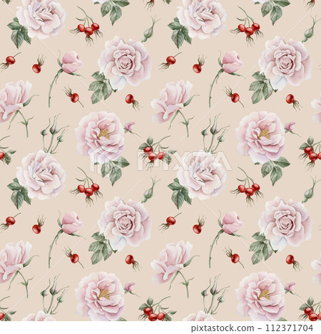 Rose hip pink flowers with buds, red berries and green leaves, Victorian style, watercolor seamless pattern on beige background. For use in design, fabric, textile, scrapbooking, wallpaper, wrapping p 112371704