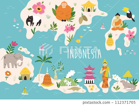 Colorful illustrated cartoon map of Indonesia with animals, famous places, symbols Colorful illustrated cartoon map of Indonesia with animals, famous places, symbols 112371705