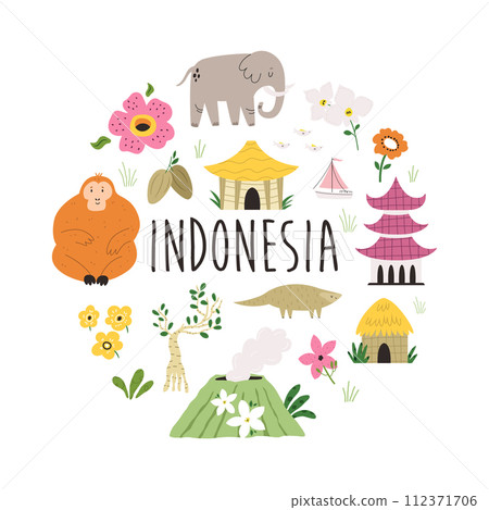 Colorful circle design with symbols, animals landmarks of Indonesia 112371706