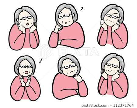 Illustration set of senior women with various expressions such as worrying and solving problems 112371764
