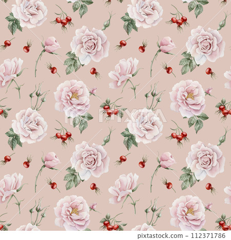 Rose hip pink flowers with buds, red berries and green leaves, Victorian style, watercolor seamless pattern on peach pink background. For use in design, fabric, textile, scrapbooking, wallpaper, wrapp Rose hip pink flowers with buds, red berries and green leaves, Victorian style, watercolor seamless pattern on peach pink background. For use in design, fabric, textile, scrapbooking, wallpaper, wrapp 112371786