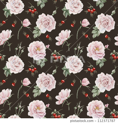 Rose hip pink flowers with buds, red berries and green leaves, Victorian style, watercolor seamless pattern on dark background. For use in design, fabric, textile, scrapbooking, wallpaper, wrapping pa Rose hip pink flowers with buds, red berries and green leaves, Victorian style, watercolor seamless pattern on dark background. For use in design, fabric, textile, scrapbooking, wallpaper, wrapping pa 112371787