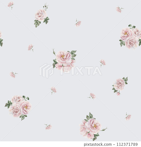 Rose hip pink flowers with buds and green leaves, Victorian style, watercolor seamless minimalist pattern on light blue background. For use in design, fabric, textile, scrapbooking, wallpaper, wrappin 112371789