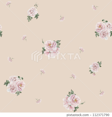 Rose hip pink flowers with buds and green leaves, Victorian style, watercolor seamless minimalist pattern on beige background. For use in design, fabric, textile, scrapbooking, wallpaper, wrapping pap 112371790