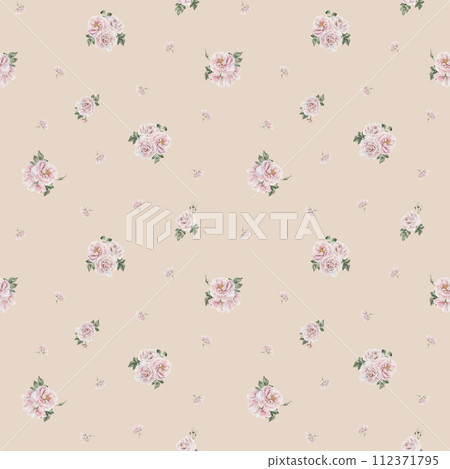 Rose hip pink flowers with buds and green leaves, Victorian style, watercolor seamless minimalist pattern on beige background. For use in design, fabric, textile, scrapbooking, wallpaper, wrapping pap Rose hip pink flowers with buds and green leaves, Victorian style, watercolor seamless minimalist pattern on beige background. For use in design, fabric, textile, scrapbooking, wallpaper, wrapping pap 112371795