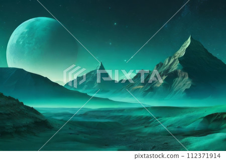 AI-generated content. Dark mountains, Shimmering emerald dust, alien night landscape, a monochromatic teal palette. surreal ambiance. 112371914