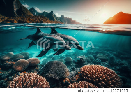 AI-generated content. a couple of dolphins swimming in the ocean underwater, AI-generated content. a couple of dolphins swimming in the ocean underwater, 112371915