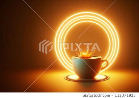 AI-generated content. Generated image of a cup coffee, on a gold background, behind a neon circle with a warm glow 112371925