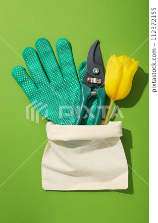 Gardening supplies and tulip in cotton bag on green background, top view Gardening supplies and tulip in cotton bag on green background, top view 112372155