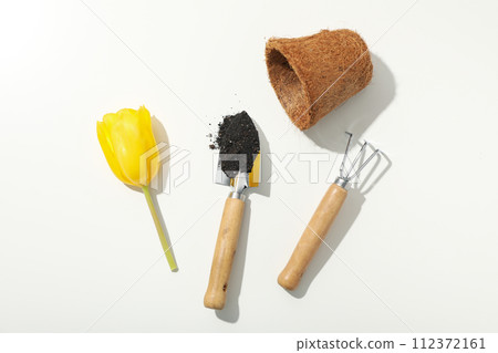 Gardening tools, flower pot and tulip on white background, top view Gardening tools, flower pot and tulip on white background, top view 112372161