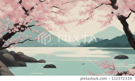 風景與櫻花油畫 風景與櫻花油畫 112372339