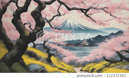 風景與櫻花油畫 風景與櫻花油畫 112372341