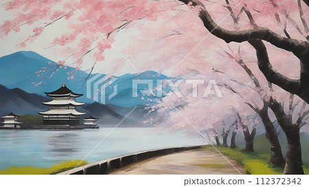 風景與櫻花油畫 風景與櫻花油畫 112372342