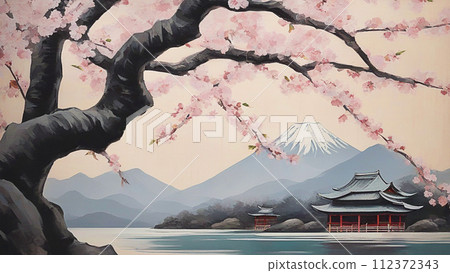 風景與櫻花油畫 風景與櫻花油畫 112372343