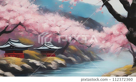 風景與櫻花油畫 112372360