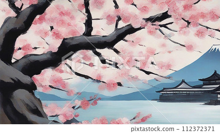 風景與櫻花油畫 風景與櫻花油畫 112372371