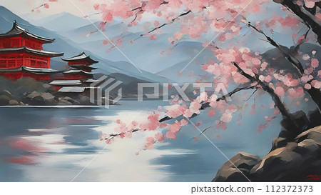 風景與櫻花油畫 風景與櫻花油畫 112372373