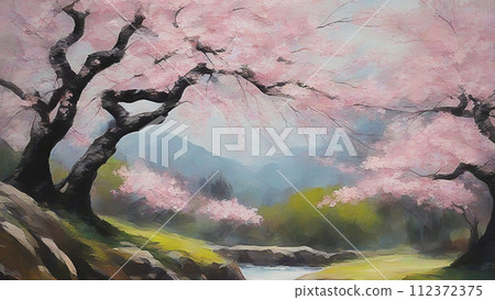 風景與櫻花油畫 風景與櫻花油畫 112372375