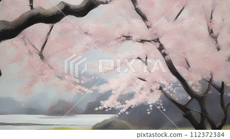 風景與櫻花油畫 112372384