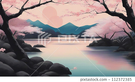 風景與櫻花油畫 112372385