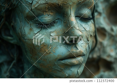 The girl's face is under a thick layer of cracked paint 112372400