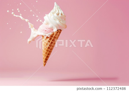 AI Generated creative flying scoop of ice cream in waffle cone on pink background. 112372486