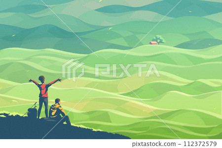 a young couple resting on the top of a hill, admiring the beautiful scenery of numerous hills of agricultural farmland 112372579