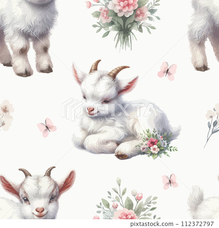 Seamless pattern with watercolor white baby goat on white background. 112372797
