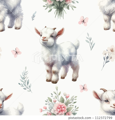 Seamless pattern with watercolor white baby goat on white background. Seamless pattern with watercolor white baby goat on white background. 112372799