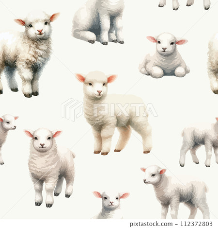Seamless pattern with watercolor white lamb on white background. 112372803