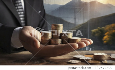 Stacked gold coins and businessman Stacked gold coins and businessman 112372890
