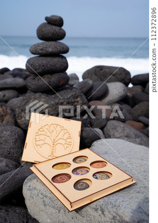 Healing crystals on brown background Healing crystals on brown background 112372896