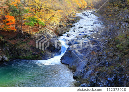 紅葉的鹽原溪谷、保木川二木/栃木縣那須鹽原市 112372928