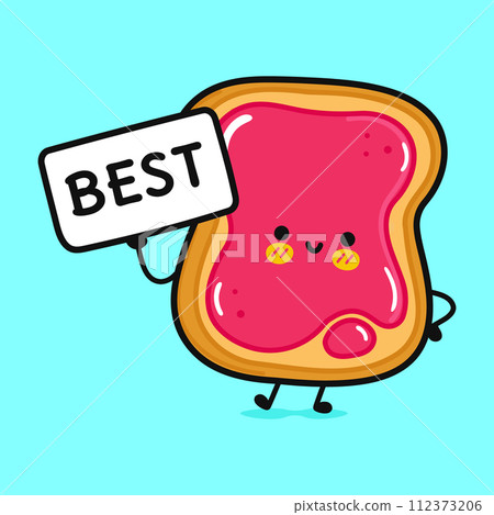 Cute Toast piece of bread with jam with poster best. Vector hand drawn cartoon kawaii character illustration icon. Isolated on blue background. Toast piece of bread with jam think concept 112373206