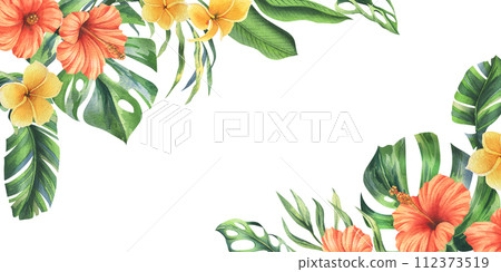 Tropical palm leaves, monstera and flowers of plumeria, hibiscus, bright juicy. Hand drawn watercolor botanical illustration. Template, frame isolated from the background. Tropical palm leaves, monstera and flowers of plumeria, hibiscus, bright juicy. Hand drawn watercolor botanical illustration. Template, frame isolated from the background. 112373519