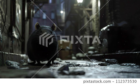 A fat brown rat wandering around a dirty back alley at night "AI-generated image" 112373530