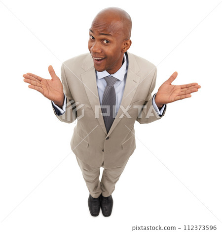 Professional portrait, studio and black man confused on business choice, company questions or corporate decision. Body language, dont know gesture and top view of agent shrug on white background Professional portrait, studio and black man confused on business choice, company questions or corporate decision. Body language, dont know gesture and top view of agent shrug on white background 112373596