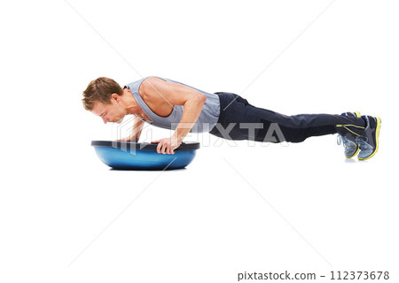 Man, workout and half ball for plank in studio for fitness, strong exercise and gym with muscle health on floor. Bodybuilder or young sports model with push up or arms training on a white background 112373678