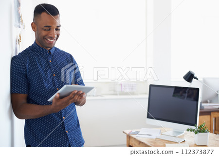 Businessman, tablet and online in office for communication, internet search and networking in workspace. Entrepreneur, african employee and web developer with technology for screen email and smile 112373877