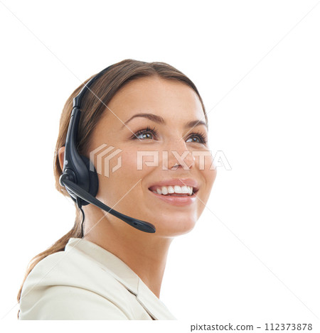 Happy woman, consultant and call center in telemarketing on a white studio background. Face of young female person or friendly agent smile with headphones for online advice or service on mockup space 112373878