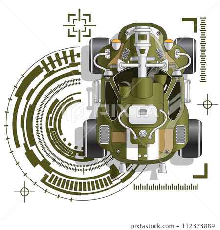 Futuristic combat vehicle on a technological background. View from above. Isolated on white background. Vector illustration. 112373889