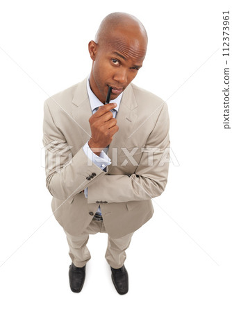 Studio portrait, business and black man wonder over corporate plan, career work or realtor development job. Eyebrow raise, pen and top view of agent with curious facial expression on white background Studio portrait, business and black man wonder over corporate plan, career work or realtor development job. Eyebrow raise, pen and top view of agent with curious facial expression on white background 112373961