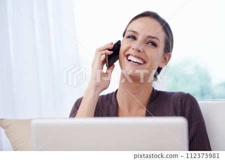 Woman, phone call and laptop for remote work in home, smile and consultation on living room sofa. Person, smartphone conversation and computer with negotiation, networking and contact on lounge couch 112373981