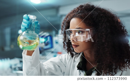 Scientist, research or woman with liquid in test tube for analysis, medical testing and analytics in lab. Biotechnology, healthcare or science person with medicine, sample and vaccine in glass vial 112373990