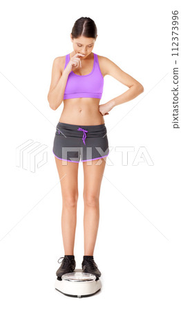 Check, weight and woman on a scale with fitness, health and goals for body on white background. Studio, mockup and athlete thinking about numbers, reading and worried about results of a diet in space 112373996