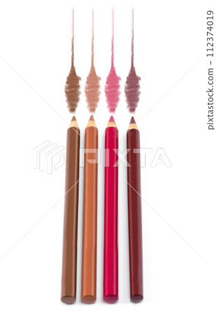 Cosmetics, makeup and beauty with lip liner, tool and example of results of color on white background. Studio, aesthetic and pencil for drawing, product and art with set for choice of application 112374019