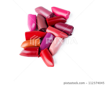 Lipstick, makeup and cuts in studio for cosmetics, beauty and luxury product on white background. Closeup, aesthetic and dermatology for lip grooming, mockup space and pieces for selection in promo 112374045