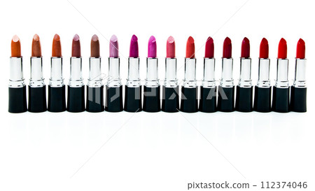 Product, gloss and matte lipstick for makeup, beauty and cosmetics isolated on white background for creativity. Abstract, tools and set of rouge for art, color and silver case for makeover in studio 112374046